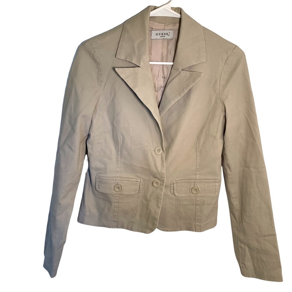 Guess Jeans Women's Size Large 2 Button Blazer Beige Pockets Lined Stretch Ramie